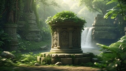 A round stone platform surrounded by lush green foliage with various types of leaves