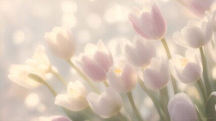 Fototapeta premium Closeup of blooming tulip flower in spring on pastel bokeh background. spring flower bud frame. Easter, Mother's Day, and seasonal holiday spring banner.