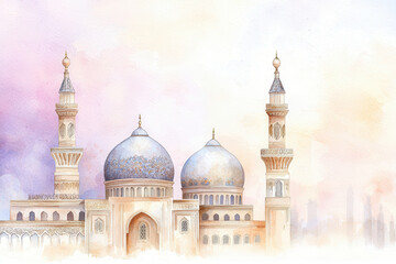 Obraz premium Majestic mosque domes with minarets in watercolor islamic art
