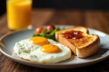 Fried eggs and toast with jam on a white plate, glass of orange juice, tasty breakfast serving