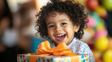 A joyful moment of a child opening a wrapped gift with excitement, the camera focusing on the presentâ€™s bow and colorful wrapping paper, surrounded by a festive atmosphere 