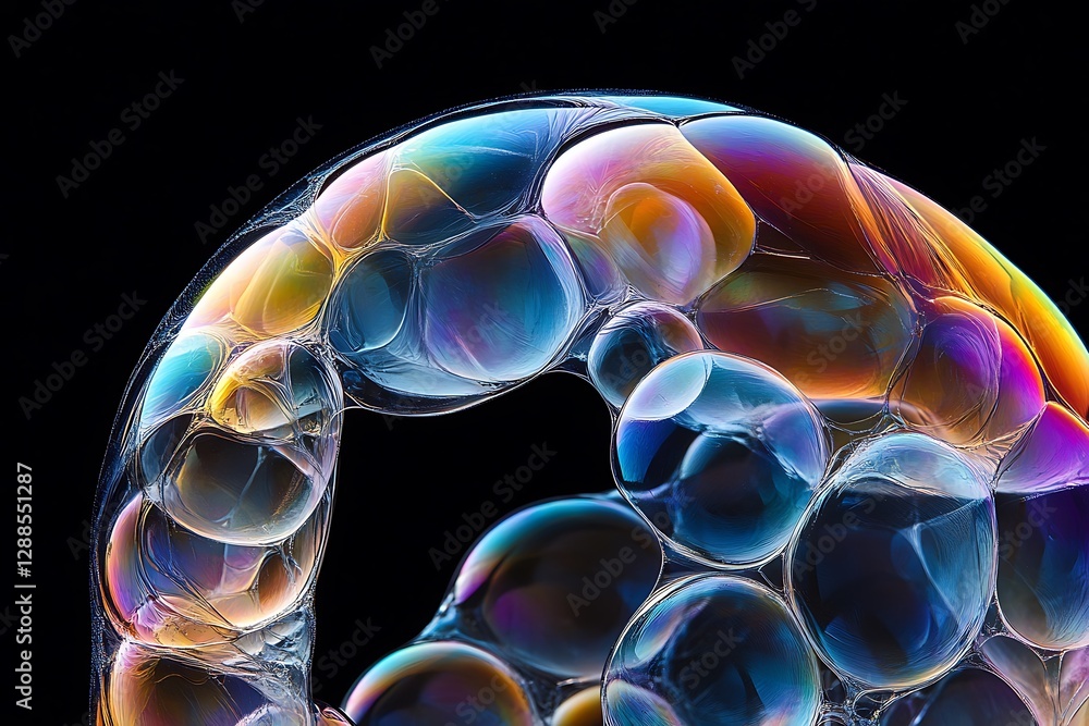 Aufkleber colorful soap bubble with iridescent patterns and smaller bubbles inside, against black background.