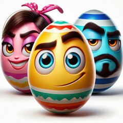 Three playful cartoon eggs stand together, each showcasing unique designs and cheerful facial expressions, embodying the festive spirit of Easter celebrations