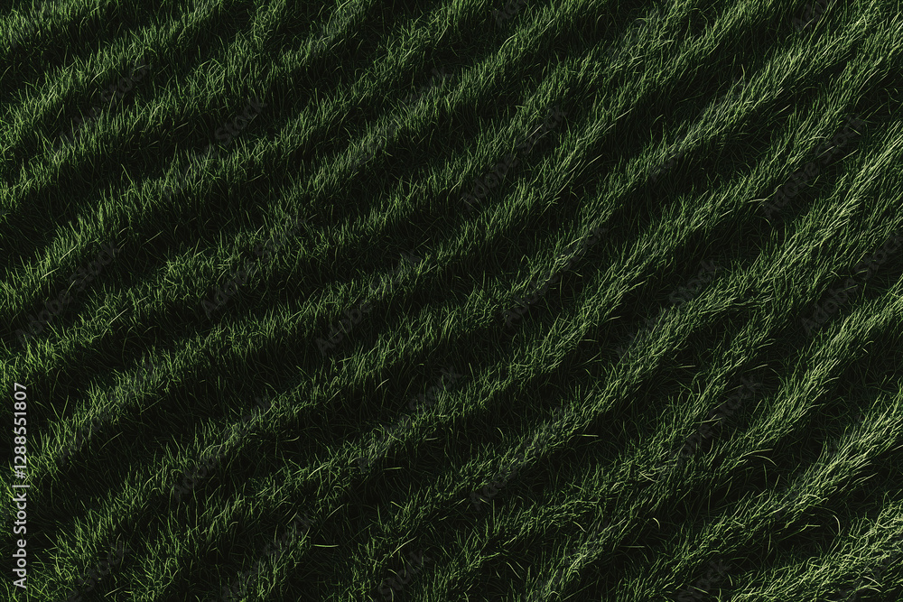 Poster undulating green field: an eye-level view captures a textured field of green grass, the light creati