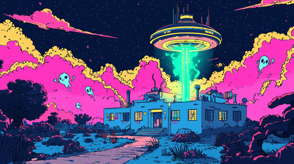 Obraz premium Vibrant sci fi illustration of a UFO beaming light over a futuristic house with floating ghosts and a surreal colorful night sky