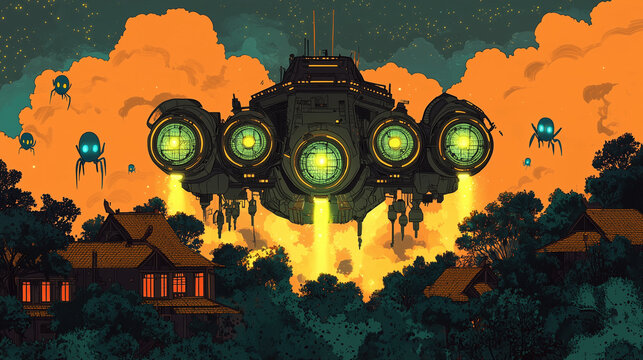 A futuristic spaceship hovers over a forested village at night, emitting a glowing beam, surrounded by alien drones in the sky