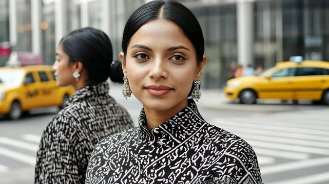 Young Asian woman in city street wearing  ed coat with a confident expression near taxis and urban backdrop