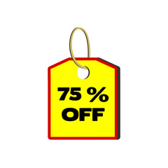 75% off yellow tag with red border, beige cord and white background