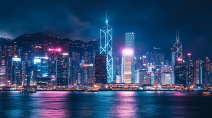 Obraz premium Amazing view of city skyline at night with tall buildings.