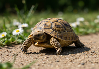 Obraz premium Small tortoise slowly walking on a sunny path outside