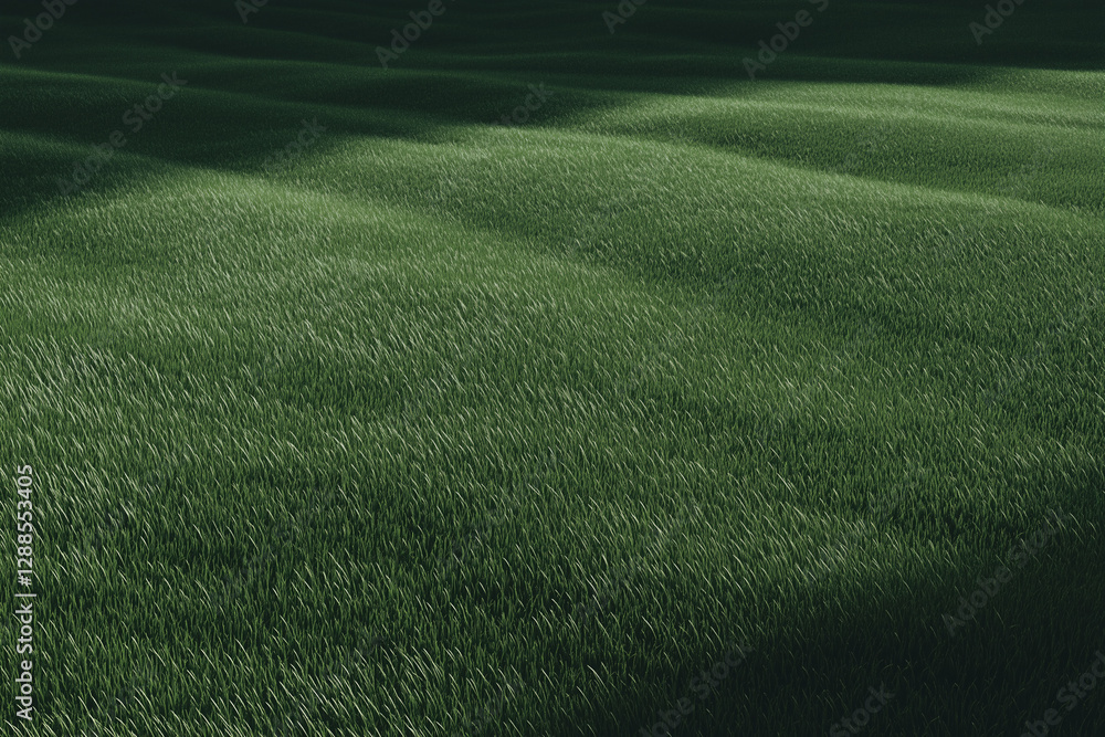Poster undulating green fields: rolling fields of vibrant green grass, bathed in a soft, diffused light, cr