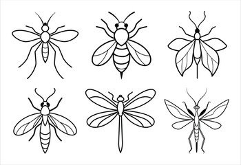 Fototapeta premium A set of six insect vector line art designs. Simple collection. Isolated bundle on white background.