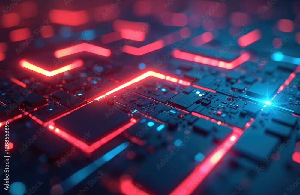 Poster futuristic abstract background with glowing red, blue lines. generative ai technology circuit board 