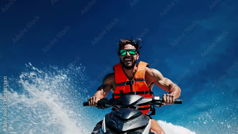 Poster dynamic video scene of a man on a jet ski, captured from a low angle. vibrant colors and action-pack