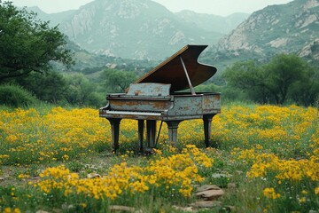 Old piano sits in a field of yellow flowers with mountains and trees. Serene scene