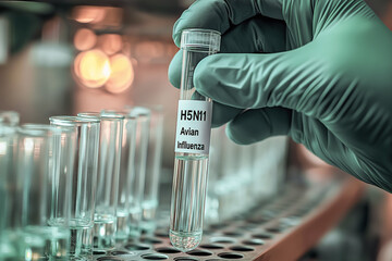 Close-up of a health worker's hand holding a test tube with a medical drug and the inscription on the tube "H5N1 Avian Influenza".