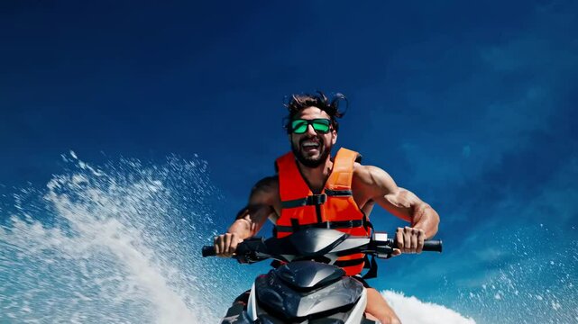 Dynamic video scene of a man on a jet ski, captured from a low angle. Vibrant colors and action-packed style emphasize excitement and adventure.