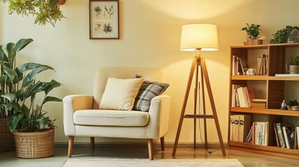 Cozy armchair, floor lamp, bookshelf, plants, living room, evening ambiance, home d?cor, interior design