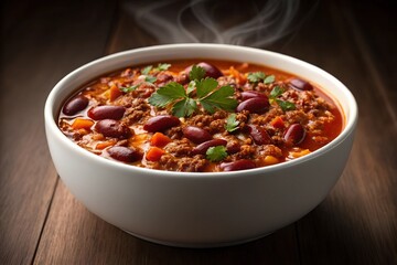 A steaming hot bowl of chili con carne with beans and ground meat, garnished with fresh cilantro on a rustic wooden table
