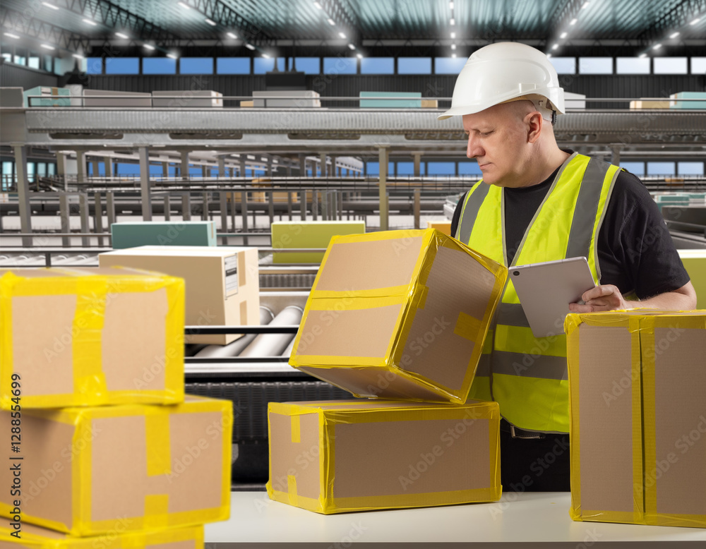 Aufkleber man with boxes in automated warehouse. guy works in distribution center with conveyor belt. producti