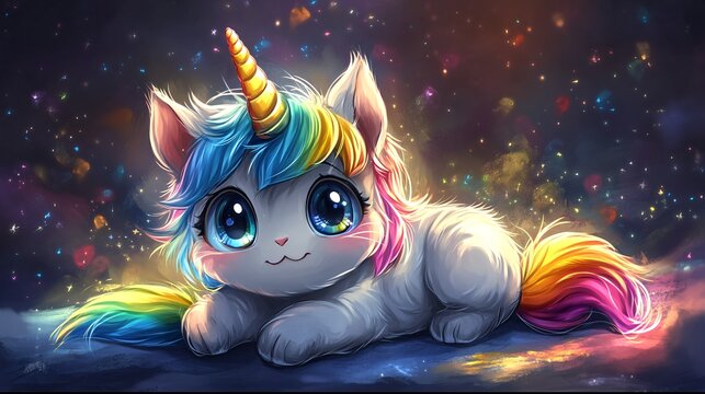 A chibi unicorn cat hybrid with a rainbow horn
