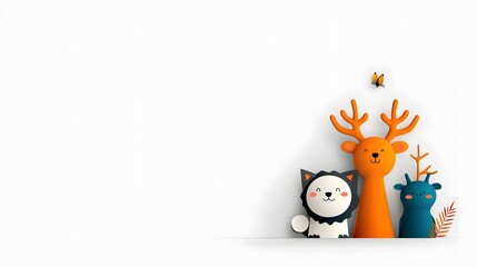 Cute cartoon style animal characters like deer panda raccoon and bird peeking mischievously from the edges of a minimalist playful white space composition  Whimsical