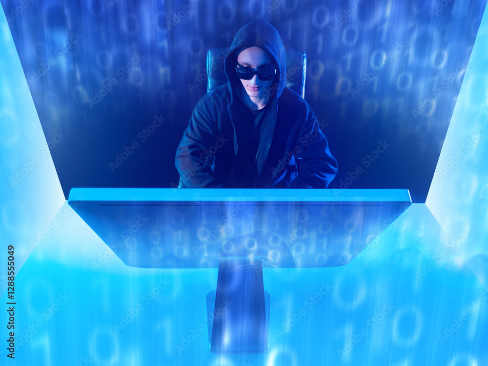Poster man hacker works while sitting at computer. cyber genius near monitor. portrait of hacker in hood an