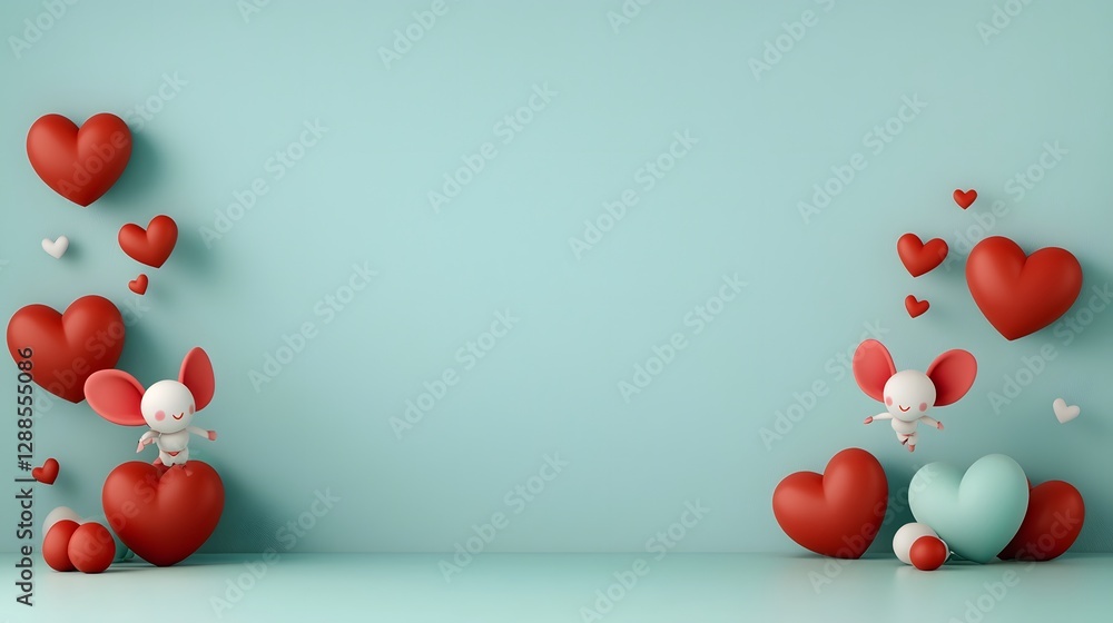 Poster cute cupid character figures flying at the corners of a soft baby blue gradient center background wi