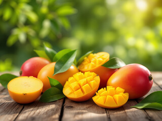  Fresh ripe mangoes on a rustic wooden table