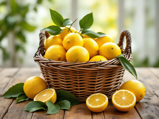  Fresh lemons in a wicker basket on a wooden table