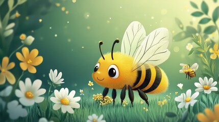 A vibrant yellow and black bee dances across a blooming field, its wings glistening as it navigates toward sunlight-drenched flowers. Its striped body glints against petals in perfect harmony with nat