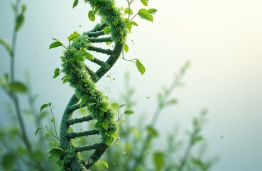 DNA helix entwined with green plants, leaves. Plant science, nature, genetic engineering. Generative AI background for biotech, pharmacy, medicine. Perfect for biology, eco, organic concepts.