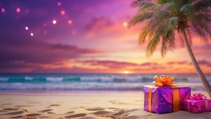 Obraz premium A palm tree decorated with holiday lights stands on a sandy beach at sunset
