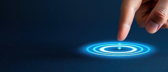 A hand interacts with a glowing blue circle, showcasing modern technology and innovation.