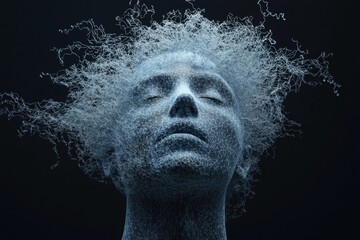 Fototapeta premium Surreal head portrait with abstract lines on dark background, evoking deep emotions and intrigue.
