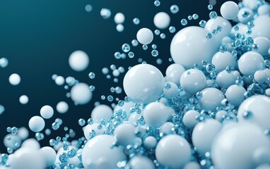 Abstract featuring white spheres and blue bubbles, creating a tranquil underwater feel.