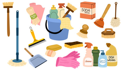 Cleaning supplies set. Home chemical detergent in bottles, household tools, equipment. Brush, mop and gloves, housework accessories. Flat graphic vector illustrations isolated on white background © PawLoveArt
