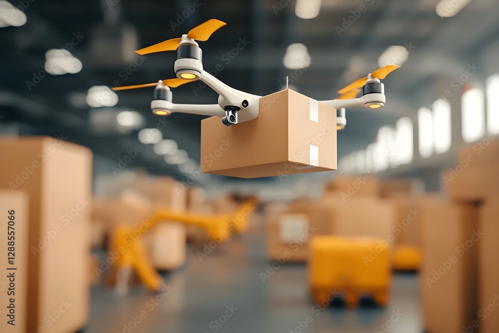 Poster cutting edge logistics facility revolutionized by blockchain technology featuring autonomous drones 