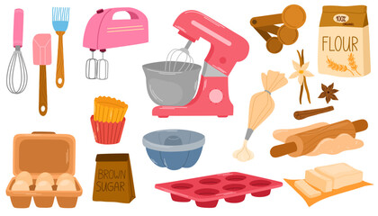 Baking tools, utensils, ingredients set. Kitchen supplies, bakery stuff for cooking cake. Flour bag, sugar, oil, butter, mixer, whisk. Flat graphic vector illustration isolated on white background