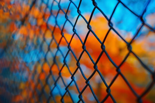 Close up of black chain link fence against blue background with blurred autumn forest view - Powered by Adobe
