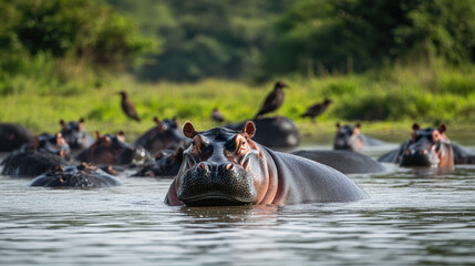 Fototapeta premium Hippos relaxing in a shallow African river, half-submerged in the cool water