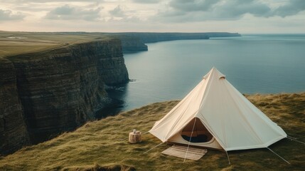Coastal clifftop camping; sunset view, Ireland