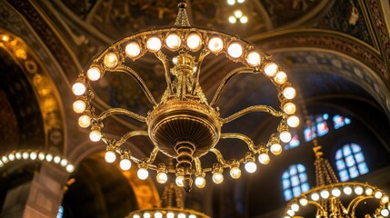 Obraz premium Cathedral chandelier illuminated, ornate ceiling, stained glass, religious interior, worship