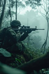 Fototapeta premium Soldier in woods with rifle