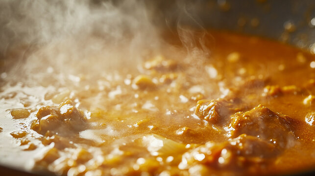 A close-up of curry roux melting into a simmering pot
