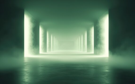 dark empty hall with glowing lights and smoke, evoking mystery.