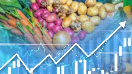 Rising prices for vegetables. Food inflation. Chart up near vegetable counter. Rising prices for organic food. Problem of grocery inflation. Rising cost of carrots and potatoes. Selective focus