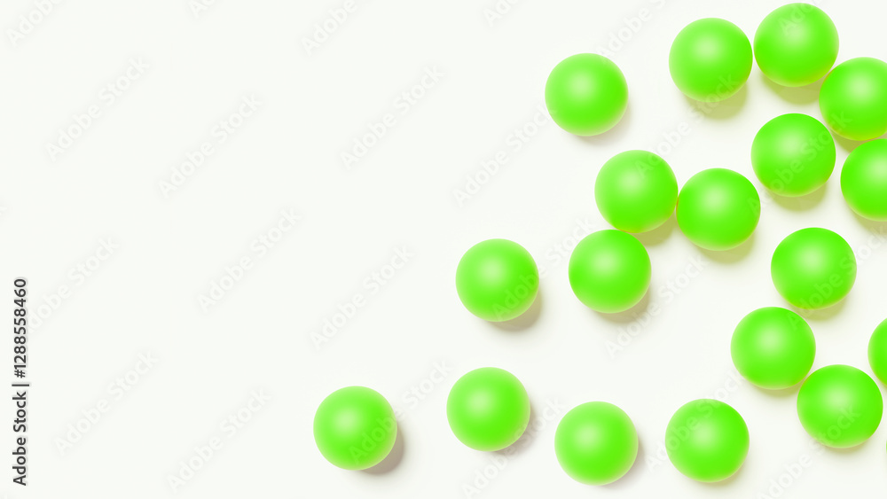 Poster green balls on white surface. background with voluminous balls. green balls cast shadow. minimalisti