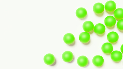 Green balls on white surface. Background with voluminous balls. Green balls cast shadow. Minimalistic background. Copy space to backdrop with sphere. Place for text. Wallpaper, screensaver. 3d image