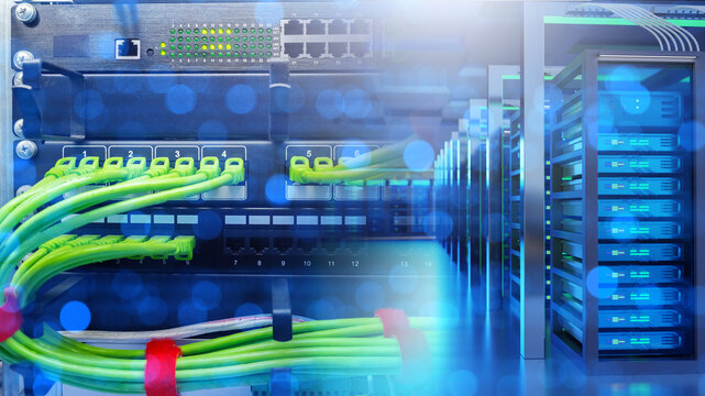 Server equipment. Big data processing technologies. Network wires are connected to switch. Equipment for storing and processing data. Server technologies. Server racks in data center
